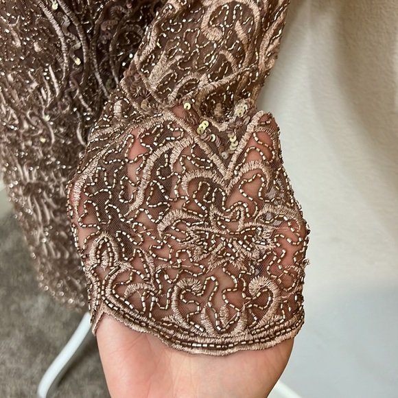 Pisarro Nights Embroidered Cocktail Sheath Dress in Tan - Picture 4 of 9